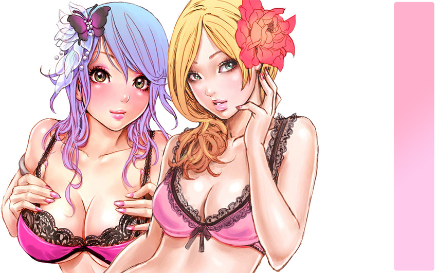 :d aqua_eyes armlet bangs blonde_hair blue_hair blush bow bow_bra bra breast_suppress breasts bug butterfly cleavage eyelashes eyeshadow finger_to_face fingernails flower gradient_hair green_eyes hair_flower hair_ornament highres insect lace lace_bra large_breasts lingerie lips lipstick long_fingernails long_hair looking_at_viewer looking_away makeup multicolored_hair multiple_girls nail_polish naughty_face open_mouth orange_hair original parted_bangs purple_hair see-through simple_background smile third-party_edit underboob underwear underwear_only upper_body wallpaper wavy_hair widescreen yamashita_shun'ya