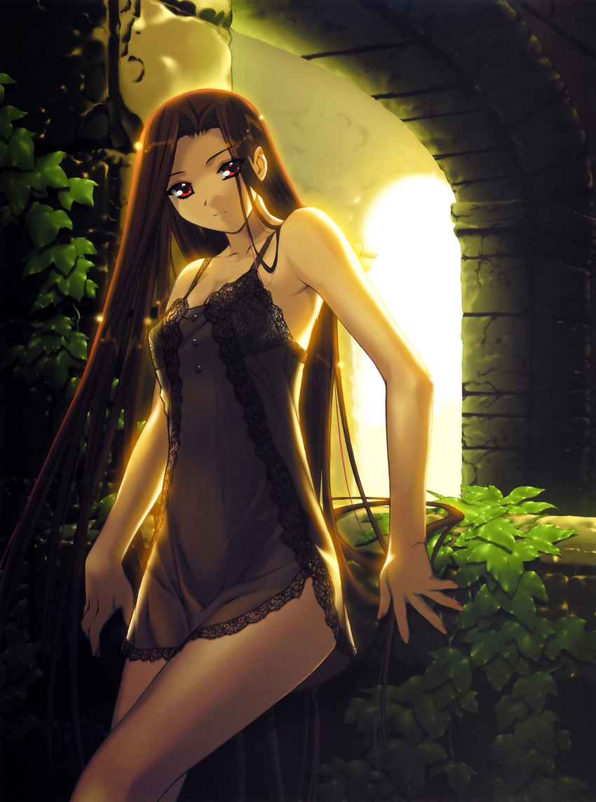 absurdres arch arm_at_side arm_support babydoll backlighting bare_arms bare_shoulders black_dress breasts brown_hair camisole closed_mouth collarbone day dress feet_out_of_frame highres ino izayoi_no_hanayome kiryuu_iyori lace leaning_back light_particles long_hair looking_at_viewer medium_breasts microdress plant red_eyes sleeveless sleeveless_dress solo spread_fingers standing straight_hair very_long_hair vines