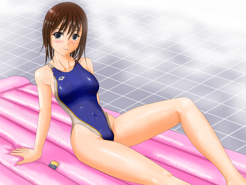 1girl arena_(company) bare_arms bare_shoulders blue_eyes blush brown_hair clothed_navel collarbone competition_swimsuit condom covered_navel erect_nipples highleg highleg_swimsuit inflatable_raft knees legs long_legs one-piece_swimsuit see-through solo swimsuit thighs tile_floor tiles