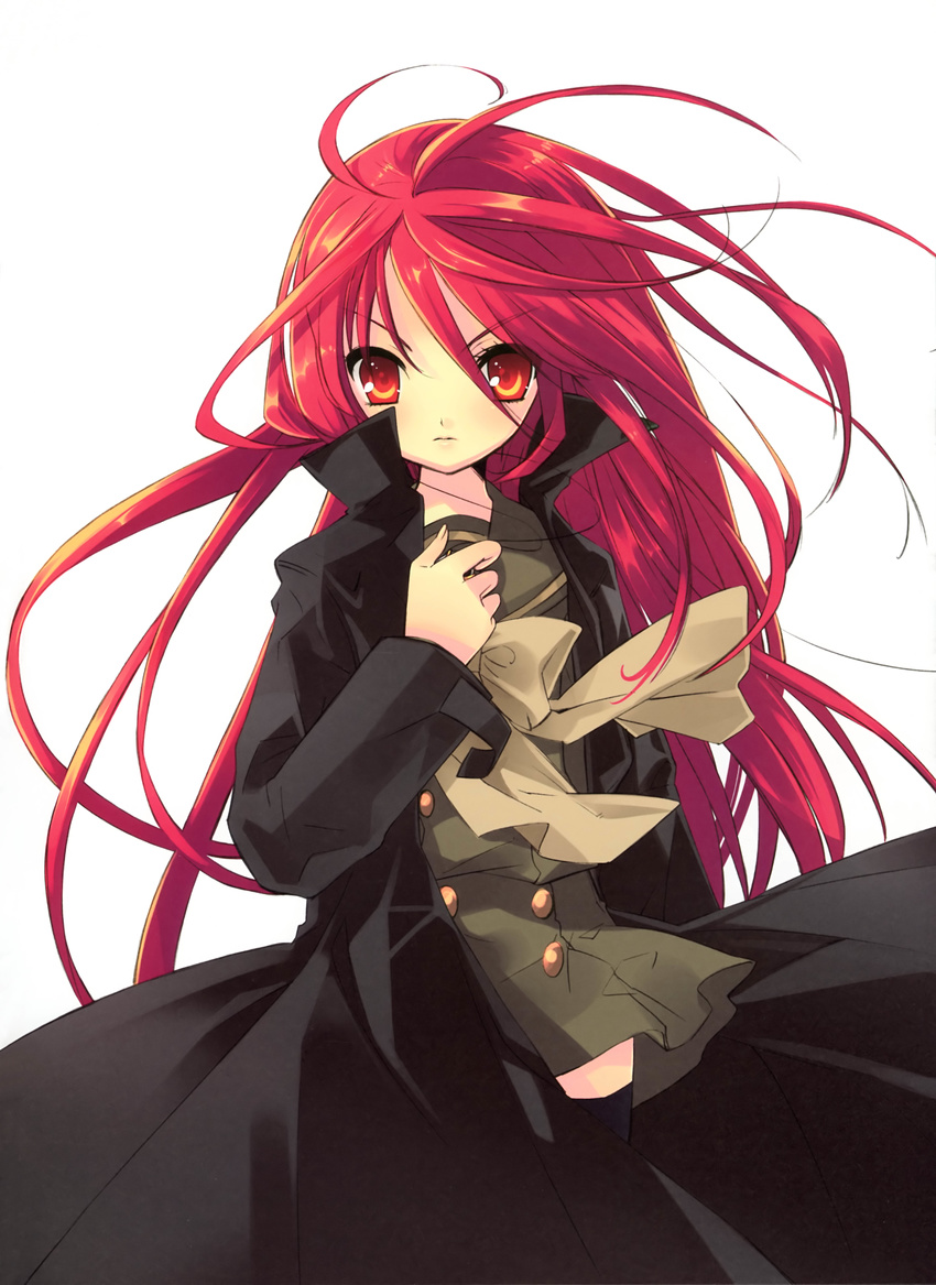 absurdres alastor_(shakugan_no_shana) coat expressionless hand_on_own_chest highres incredibly_absurdres itou_noiji jewelry long_hair pendant red_eyes red_hair school_uniform shakugan_no_shana shana skirt thighhighs very_long_hair zettai_ryouiki