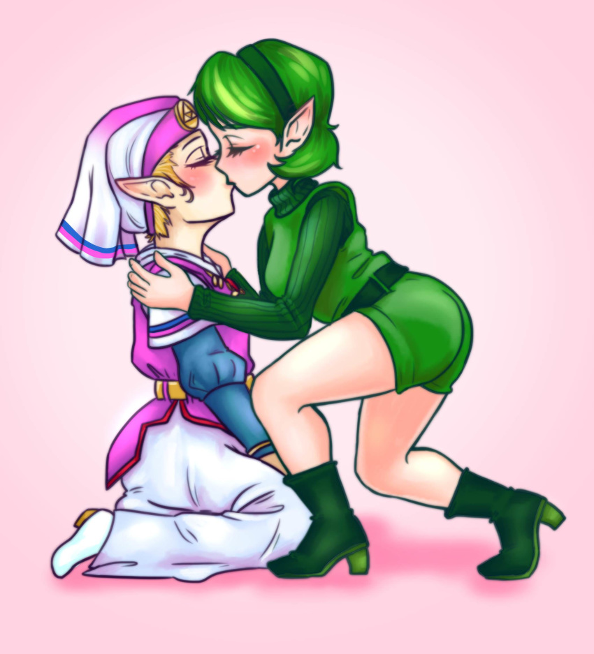 2girls ass bangs belt blonde_hair blue_eyes blush dress eyelashes eyes_closed full_body gem green_belt green_hair hairband hand_on_shoulder hat headdress high_heels kiss kneeling leaning_forward lineart long_sleeves multiple_girls nintendo pink_background pink_lips pointy_ears princess princess_zelda ribbed_sweater saria shirt short_hair shorts simple_background sleeveless sleeveless_shirt standing sweater the_legend_of_zelda the_legend_of_zelda:_ocarina_of_time triforce turtleneck turtleneck_sweater undershirt young_zelda yuri