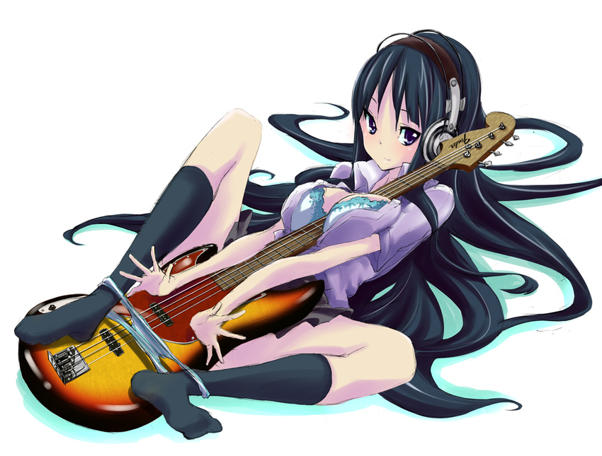 akg akiyama_mio bad_id bad_pixiv_id between_breasts black_eyes black_hair blue_bra bra breasts cleavage headphones instrument k-on! lingerie long_hair medium_breasts panties panties_around_ankles panty_pull pantyshot solo striped striped_panties toru_k underwear