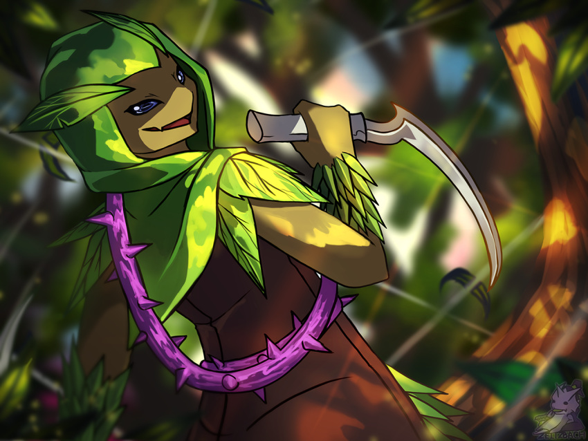 assassin baldric blue_eyes blurred_background clothed clothing flora_fauna floran forest green_theme half-closed_eyes hood humanoid leaf looking_back male melee_weapon plant sedge_(wargroove) seductive sickle smile solo starbound thorns tree video_games wargroove weapon zeitzbach