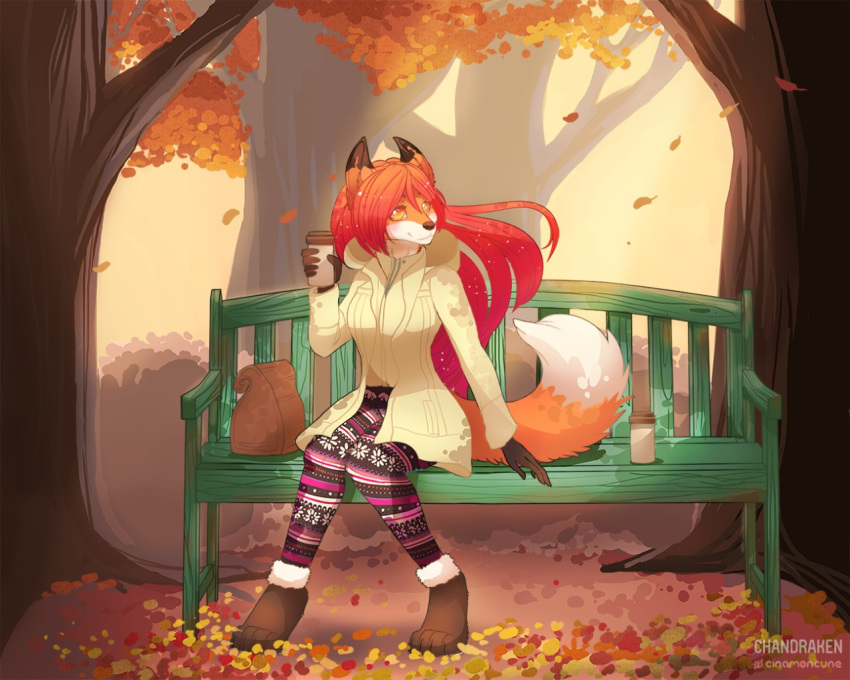 2016 4_toes 5_fingers aeril_(helios) anthro autumn barefoot bench beverage biped brown_fur canid canine chandraken cinamoncune clothed clothing coffee collaboration detailed_background digital_media_(artwork) dipstick_tail female fluffy fluffy_tail fox front_view fully_clothed fur hair holding_cup holding_object jacket looking_at_viewer mammal multicolored_fur multicolored_tail orange_fur orange_tail outside pants pink_hair smile solo toes tree two_tone_tail white_fur white_tail yellow_eyes