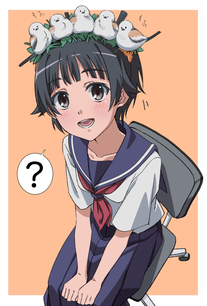 1girl ? animal animal_on_head bird bird_on_head black_hair blue_sailor_collar blue_skirt border brown_eyes chair commentary_request head_wreath highres long_skirt looking_at_viewer naguramu neckerchief on_head open_mouth orange_background red_neckwear sailor_collar sakugawa_school_uniform school_uniform serafuku short_hair sitting skirt smile solo spoken_question_mark teeth to_aru_kagaku_no_railgun to_aru_majutsu_no_index uiharu_kazari white_border