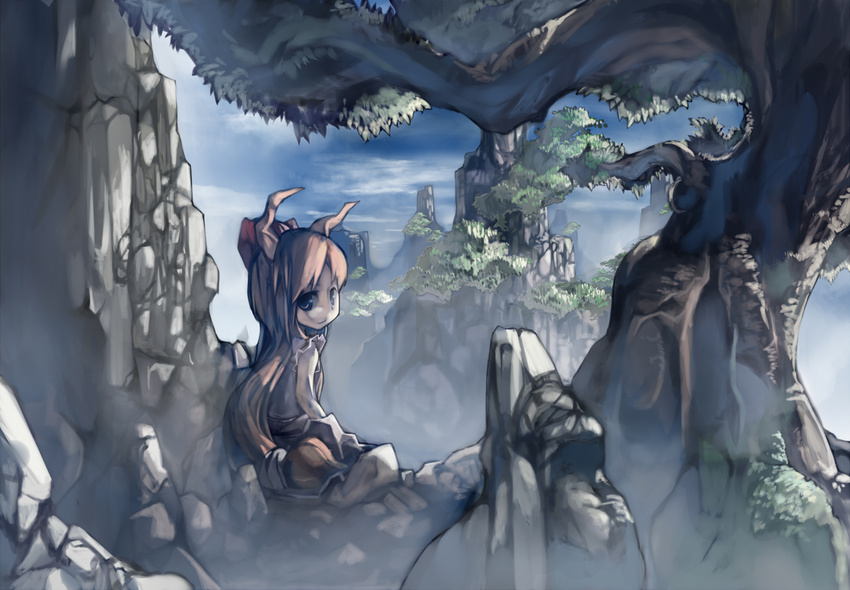 bad_id bad_pixiv_id blonde_hair fog horns ibuki_suika landscape light_smile long_hair looking_back oni ph. rock scenery sitting smile solo touhou tree