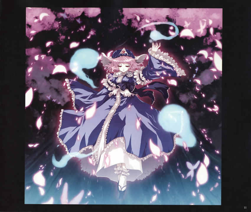 absurdres bug butterfly cherry_blossoms ghost hat highres insect petals pink_hair red_eyes saigyouji_yuyuko scan short_hair solo tokiame touhou