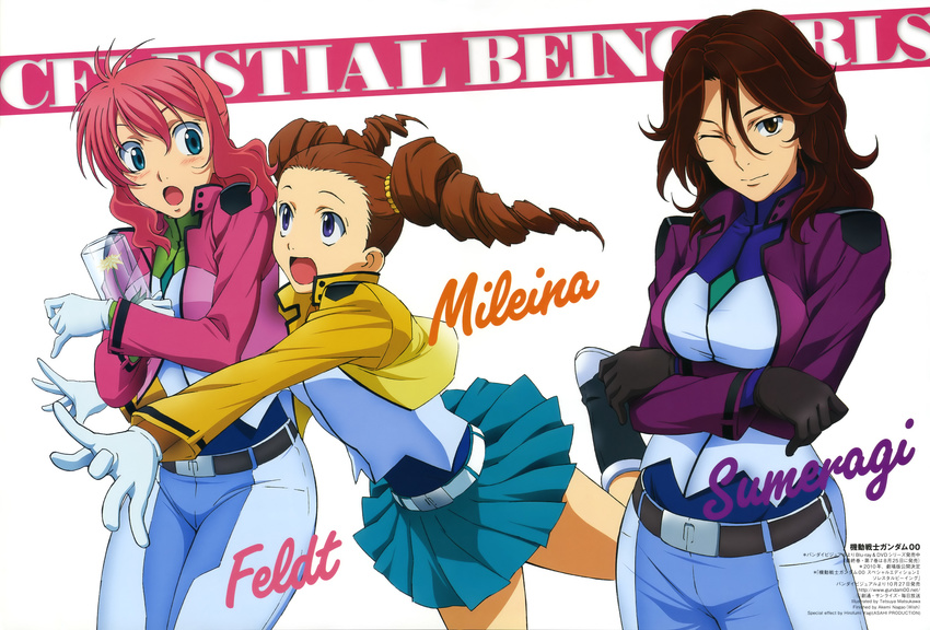 absurdres blush brown_hair celestial_being_uniform character_name drill_hair feldt_grace gundam gundam_00 hair_between_eyes highres matsukawa_tetsuya mileina_vashti multiple_girls official_art pink_hair sumeragi_lee_noriega