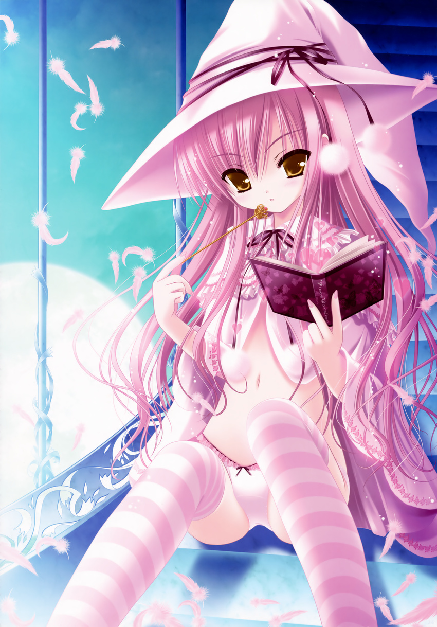 absurdres book bow bow_panties copyright_request feathers hat highres huge_filesize long_hair panties pink_hair pink_panties sitting solo stairs striped striped_legwear thighhighs tinker_bell underwear wand witch_hat yellow_eyes