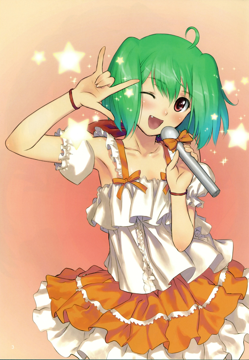 \m/ absurdres blush fang frills green_hair highres macross macross_frontier microphone one_eye_closed orange_skirt ranka_lee red_eyes seikan_hikou short_hair skirt solo sparkle star tanaka_takayuki