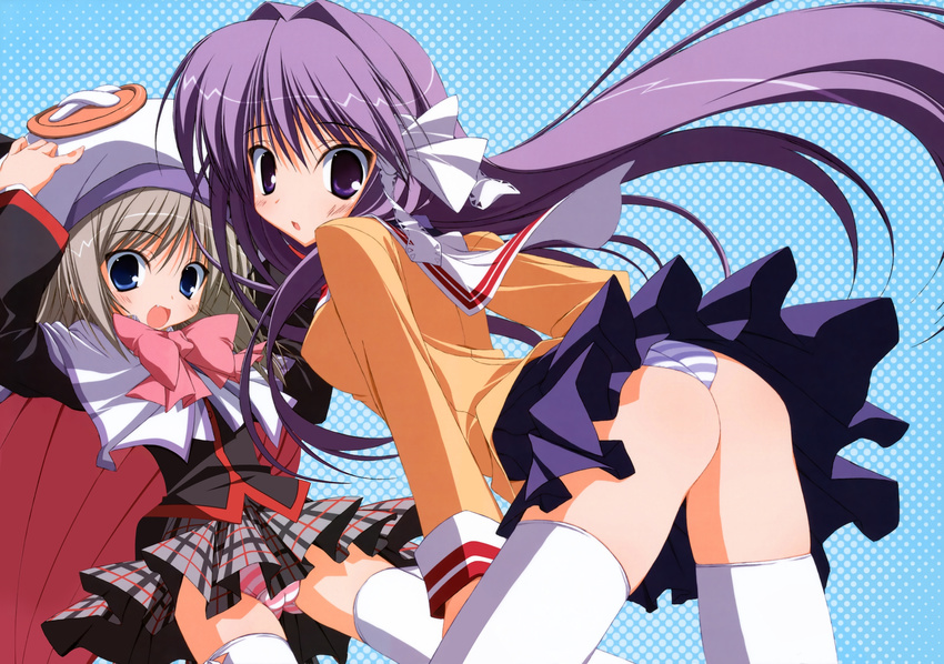 blue_eyes blush bow cameltoe clannad crossover fujibayashi_kyou hat highres hikarizaka_private_high_school_uniform little_busters! long_hair multiple_girls noumi_kudryavka open_mouth panties pantyshot pink_bow purple_eyes purple_hair school_uniform silver_hair striped striped_panties suzuri_(tennenseki) thighhighs underwear