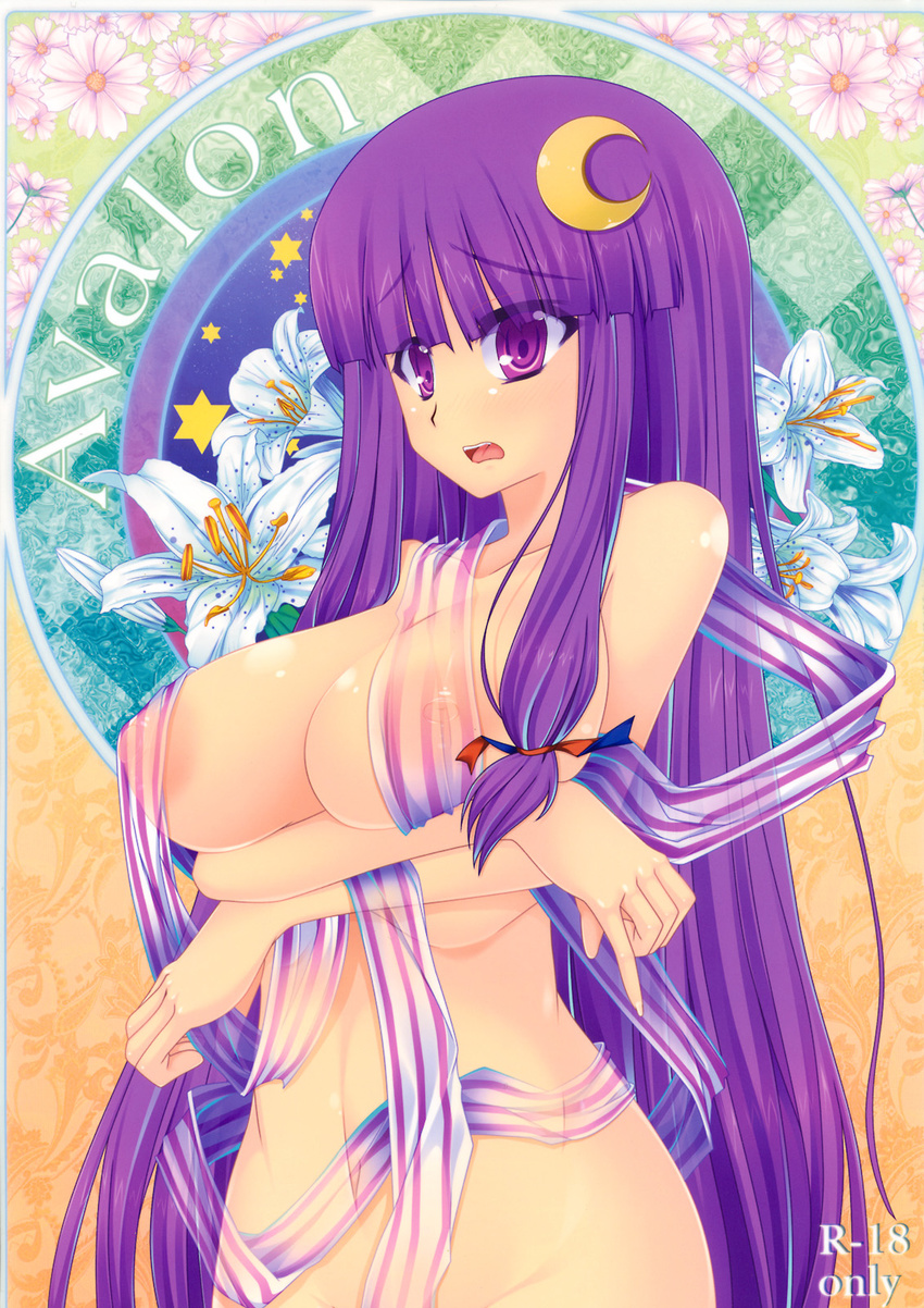 areolae art_nouveau breast_hold breasts crescent crescent_hair_ornament groin hair_ornament highres kirise_mitsuru large_breasts long_hair nipples no_hat no_headwear nude patchouli_knowledge purple_eyes purple_hair ribbon see-through solo touhou very_long_hair