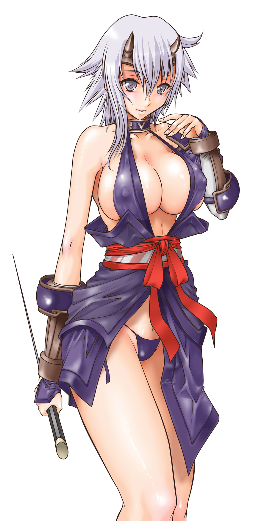 absurdres blue_panties breasts cleavage covered_nipples g-string highres horns juubaori_mashumaro large_breasts legs long_legs ninja no_bra panties queen's_blade revealing_clothes shizuka_(queen's_blade) silver_eyes solo sword thighs thong underwear weapon white_hair