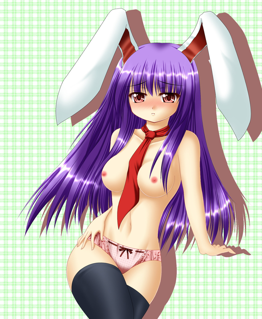 animal_ears blush bow bow_panties breasts bunny_ears highres kagura_chitose long_hair medium_breasts necktie nipples panties pink_panties purple_hair red_eyes red_neckwear reisen_udongein_inaba solo thighhighs topless touhou underwear underwear_only