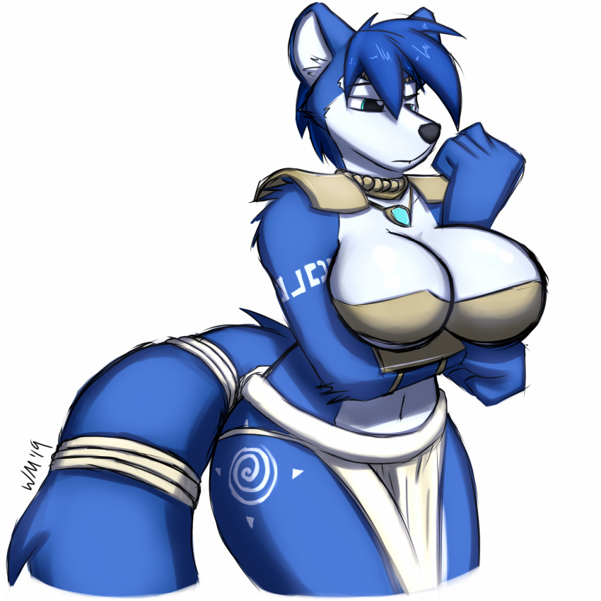 2019 anthro armwear big_breasts blue_fur breasts canid canine clothing female fox fur hair krystal mammal nintendo solo star_fox video_games white_fur winter_(artist)