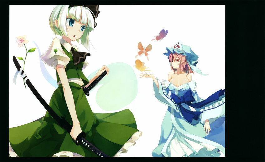absurdres bare_shoulders blue_eyes breasts bug butterfly cleavage colored_eyelashes expressionless eyelashes flower ghost hairband hat highres insect japanese_clothes katana kimono konpaku_youmu konpaku_youmu_(ghost) medium_breasts multiple_girls pink_hair red_eyes ribbon saigyouji_yuyuko shingo_(missing_link) short_hair silver_hair sword touhou weapon