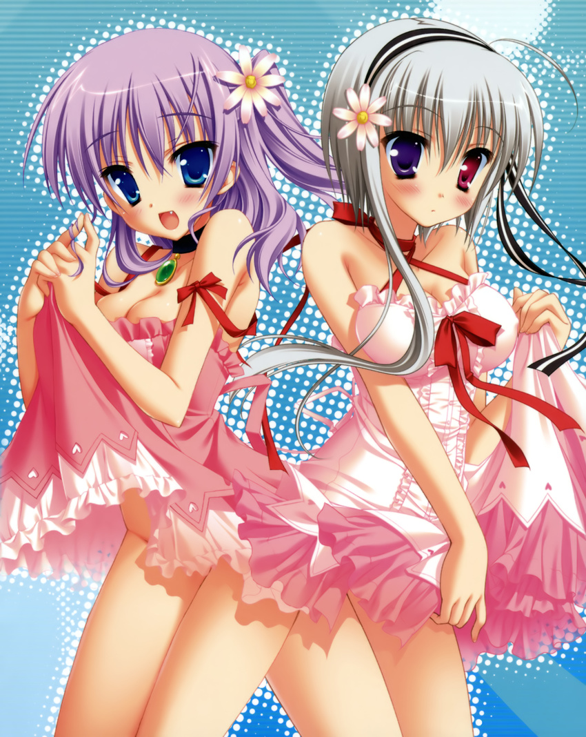 absurdres blue_eyes blush breasts cleavage dress fang grey_hair hairband heterochromia highres long_hair medium_breasts mihama_hitsuji moribe_(rabumanyo) multiple_girls natsu_yume_nagisa no_panties purple_hair ribbon rougi_maki sesena_yau skirt skirt_lift