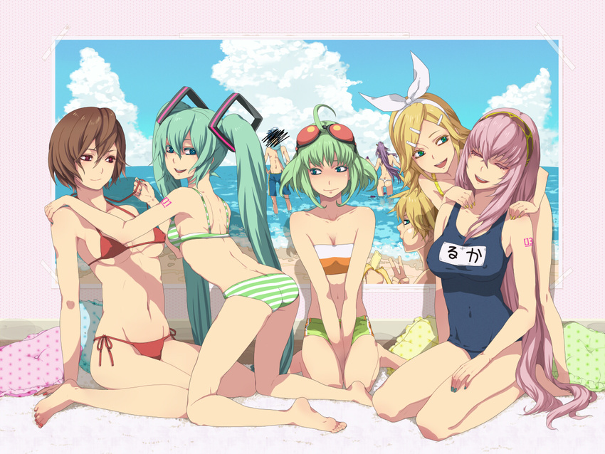 5girls ahoge aqua_hair aqua_nails ass bad_id bad_pixiv_id banana barefoot beach between_thighs bikini colored_eyelashes day eyelashes feet food fruit fundoshi green_hair gumi hatsune_miku japanese_clothes kagamine_len kagamine_rin kaito kamui_gakupo kneeling megurine_luka meiko micro_bikini multiple_boys multiple_girls nail_polish nayu one-piece_swimsuit photo_(object) pillow school_swimsuit seiza side-tie_bikini sitting soles striped striped_bikini swimsuit toenail_polish twintails v v_arms vocaloid wariza yellow_nails