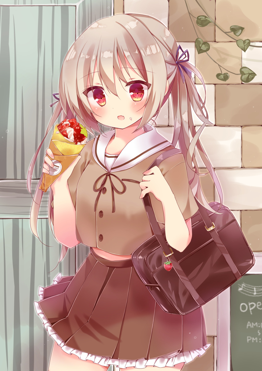 1girl :o absurdres ai_1003 bag bangs blush brick_wall brown_hair brown_ribbon brown_shirt brown_skirt commentary_request crepe eyebrows_visible_through_hair fang food food_on_face frilled_skirt frills hair_between_eyes hair_ribbon hands_up highres holding holding_food long_hair moe2019 neck_ribbon original parted_lips pleated_skirt purple_ribbon red_eyes ribbon sailor_collar school_bag school_uniform serafuku shirt short_sleeves sidelocks sign skirt solo twintails very_long_hair white_sailor_collar