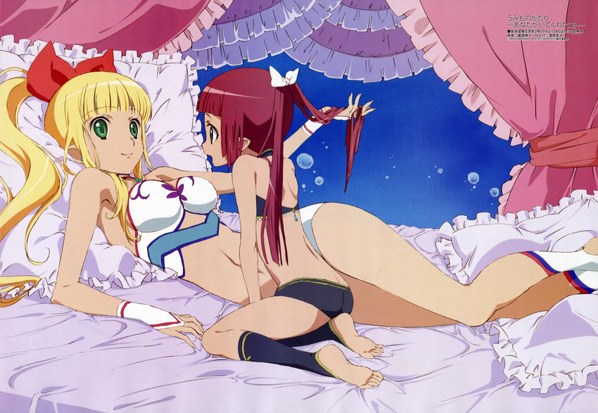 absurdres barefoot bed bed_sheet blonde_hair blue_eyes bow elf feet frilled_pillow frills green_eyes highres holding_another's_hair iizuka_haruko long_hair marin_(umi_monogatari) megami multiple_girls non-web_source official_art pillow pointy_ears red_hair toeless_legwear umi_monogatari urin_(umi_monogatari) very_long_hair