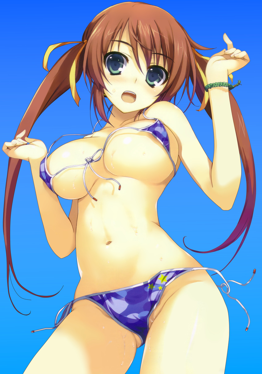 absurdres aqua_eyes bikini bracelet breasts brown_hair copyright_request front-tie_top hair_ribbon highres jewelry large_breasts long_hair navel non-web_source open_mouth ribbon scan side-tie_bikini solo string_bikini sweat swimsuit tomose_shunsaku twintails wardrobe_malfunction