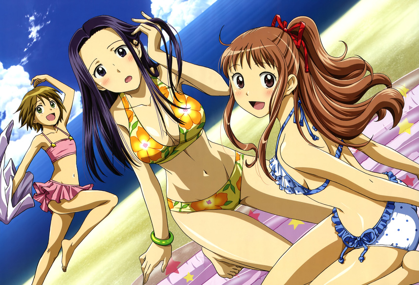 absurdres akeno_mihoshi bangle barefoot beach bikini black_hair blush bracelet breasts brown_eyes brown_hair cleavage cloud day dutch_angle flat_chest floral_print frilled_bikini frills green_eyes hair_ribbon hara_yumiko highres inflatable_raft jewelry large_breasts long_hair looking_back makita_hime multiple_girls non-web_source nyantype official_art outdoors polka_dot polka_dot_bikini polka_dot_swimsuit ponytail print_bikini purple_eyes ribbon short_hair side-tie_bikini sky sora_no_manimani swimsuit water yarai_sayo