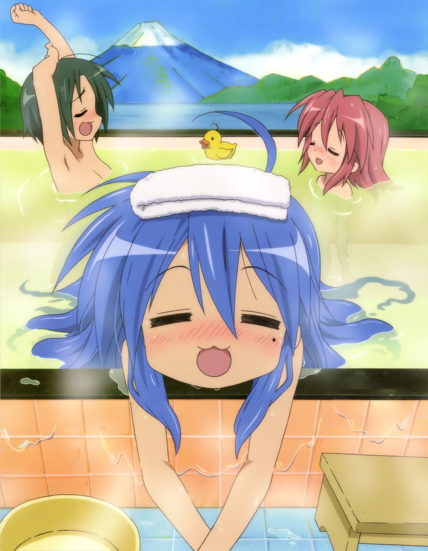 :3 =_= absurdres ahoge artist_request bathing blue_hair blush closed_eyes highres izumi_konata kobayakawa_yutaka long_hair lucky_star mole mole_under_eye multiple_girls narumi_yui nude onsen open_mouth