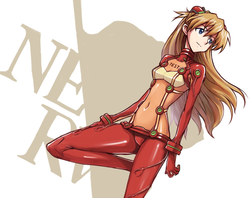 bangs blue_eyes bodysuit bracer breasts clothes_writing covered_navel dutch_angle english evangelion:_2.0_you_can_(not)_advance from_side gloves hair_between_eyes hair_ornament hairpods hips leg_up light_brown_hair light_smile logo long_hair looking_to_the_side multicolored multicolored_bodysuit multicolored_clothes neon_genesis_evangelion nerv ohtsukiya orange_bodysuit pilot_suit plugsuit rebuild_of_evangelion red_bodysuit see-through shikinami_asuka_langley skinny small_breasts smile solo souryuu_asuka_langley test_plugsuit turtleneck two_side_up