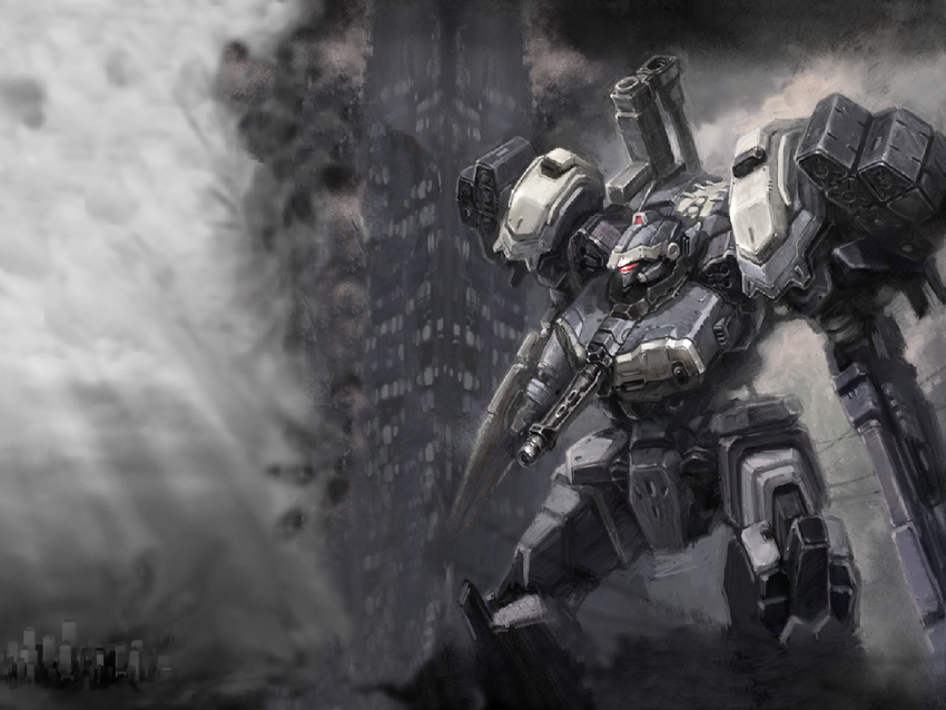 armored_core_3 artist_request building burning city grenade_launcher gun mecha no_humans skyscraper solo weapon