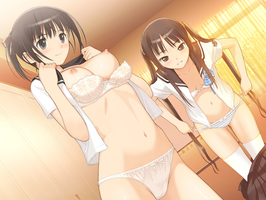 adjusting_clothes adjusting_panties black_eyes black_hair blush bow bow_bra bow_panties bra bra_pull breasts brown_eyes brown_hair fault!! game_cg highres legs lingerie locker locker_room long_hair long_legs medium_breasts multiple_girls navel nipples open_clothes open_shirt panties ponytail saeki_ai school_uniform shirt short_hair smile striped striped_panties sugiyama_mio tanaka_takayuki thighhighs thighs twintails underwear undressing white_bra white_panties