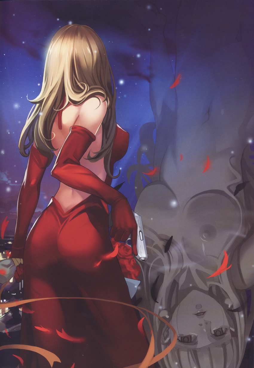 alphonse_(white_datura) ass back backless_dress backless_outfit bare_shoulders blonde_hair breasts dress elbow_gloves elysion facing_away flower from_behind gloves gun handgun highres large_breasts long_dress long_hair nude petals pistol red_dress reflection rose solo sound_horizon stella_(sound_horizon) walther walther_ppk weapon