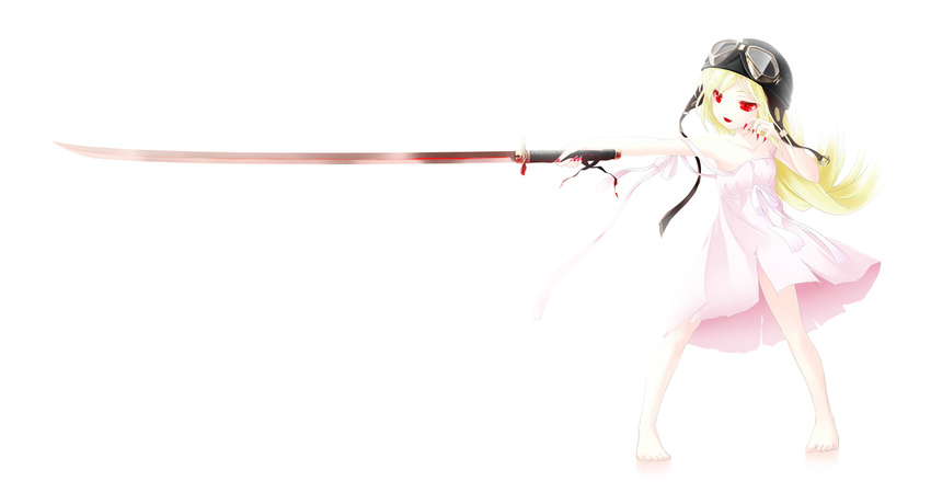 bakemonogatari barefoot blonde_hair fangs fingernails full_body goggles helmet highres hinasaki_you katana kokorowatari long_fingernails long_hair monogatari_(series) nail_polish ootachi oshino_shinobu pink_nails red_eyes simple_background slit_pupils solo strap_slip sword weapon wind wind_lift