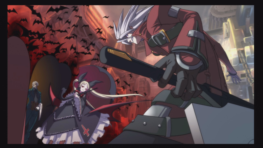 2boys angry artist_request bat blazblue blazblue:_calamity_trigger blonde_hair butler cat gothic_lolita lolita_fashion long_hair multiple_boys nago official_art rachel_alucard ragna_the_bloodedge red_eyes ribbon silver_hair sword twintails umbrella valkenhayn_r_hellsing weapon