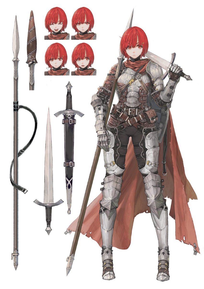 1girl :d angry armor armored_boots asymmetrical_clothes belt belt_pouch boots cape character_sheet fantasy full_body gauntlets hair_ornament hairclip highres jun_(seojh1029) leather looking_to_the_side open_mouth original over_shoulder plate_armor polearm pouch red_eyes red_hair scabbard serious sheath shield short_hair shoulder_armor smile solo spear surprised sword sword_over_shoulder weapon weapon_over_shoulder white_background worried