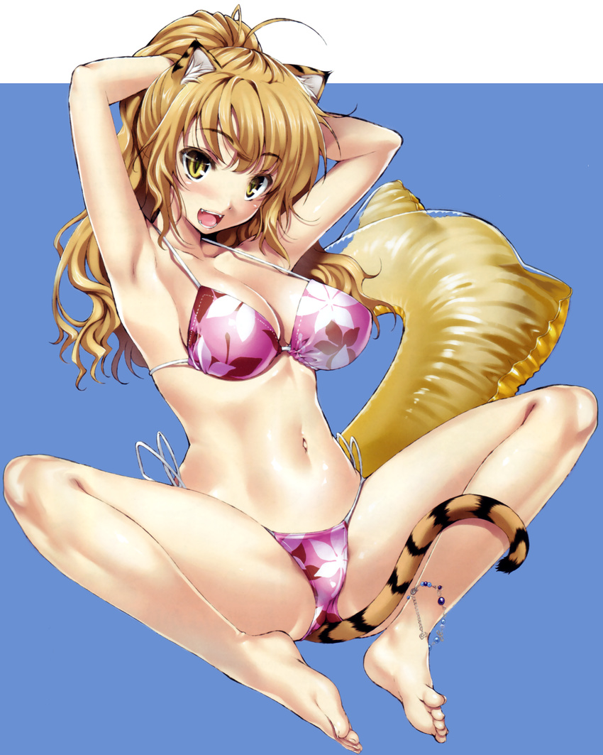 absurdres adjusting_hair animal_ears anklet armpits arms_behind_head arms_up barefoot bikini blonde_hair breasts cat_ears cat_tail fangs feet floral_print highres innertube jewelry kure_masahiro large_breasts legs long_hair non-web_source original print_bikini side-tie_bikini simple_background slit_pupils solo spread_legs swimsuit tail thighs tiger_ears tiger_tail toes yellow_eyes