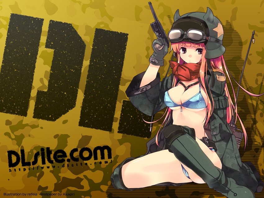 between_breasts bikini boots breasts cleavage coat dille_blood dlsite.com goggles gun handgun helmet highres mauser_c96 medium_breasts pistol refeia solo swimsuit thigh_boots thighhighs underboob wallpaper weapon