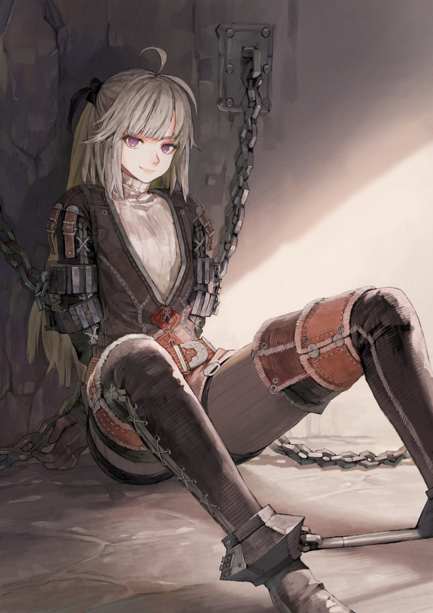 1girl against_wall ahoge arms_behind_back belt blonde_hair boots bound chains cross-laced_clothes cuffs dungeon fantasy feet_out_of_frame flat_chest gloves grin highres jun_(seojh1029) leather long_hair looking_at_viewer original pantyhose purple_eyes shackles smile solo spreader_bar thigh_boots thighhighs tied_up