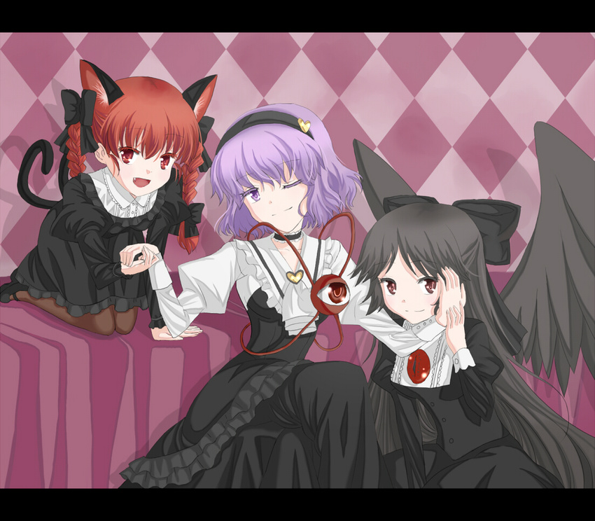 animal_ears bad_id bad_pixiv_id black_dress black_hair braid cat_ears creamfully dress headband kaenbyou_rin kneeling komeiji_satori long_hair multiple_girls one_eye_closed open_mouth pantyhose purple_hair reiuji_utsuho short_hair tail touhou twin_braids wings