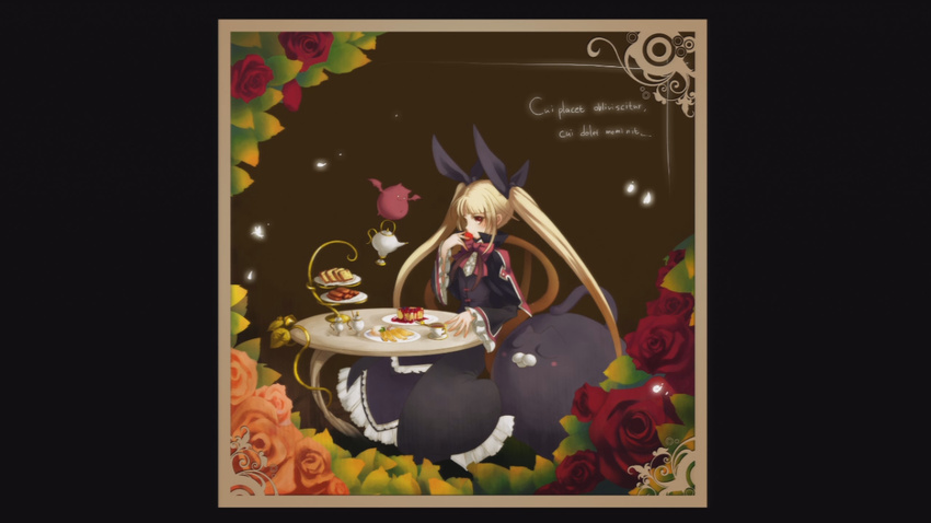 artist_request bat blazblue blazblue:_calamity_trigger blonde_hair cat cup food gii gothic_lolita latin lolita_fashion long_hair nago official_art rachel_alucard red_eyes ribbon sleeping solo sweets table teacup teapot translated twintails