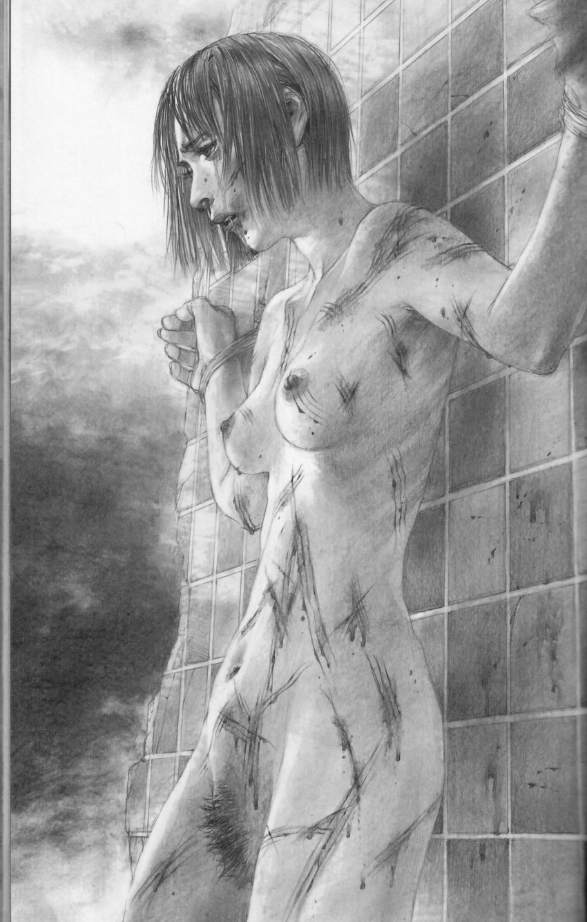 blood breasts cuts female guro highres hiroaki_samura injury leaning monochrome navel nipples nude open_mouth pain pencil pubic_hair realistic saliva scan short_hair solo tears tile tiles torture wall