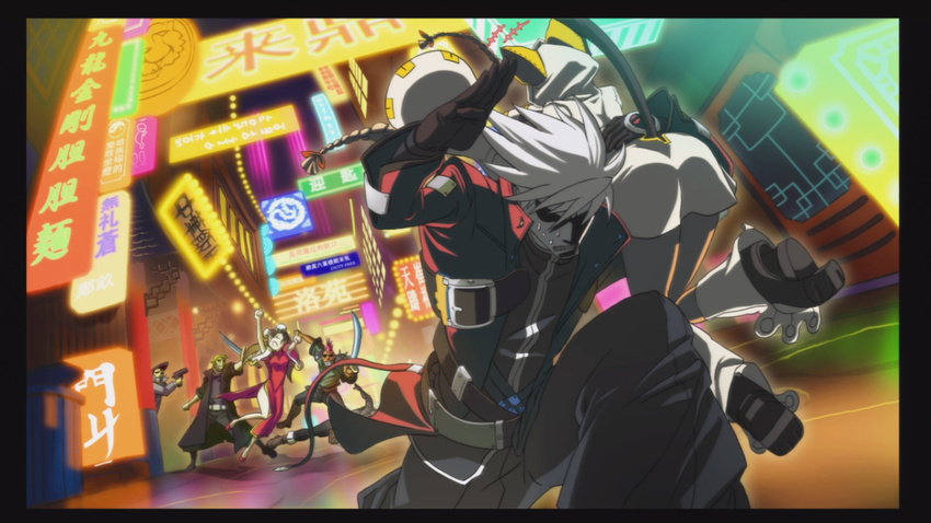 4boys animal_ears arms_up artist_request back black_pants blazblue blazblue:_calamity_trigger bun_cover carrying cat_ears china_dress chinese chinese_clothes city dark_skin double_bun dress dutch_angle fake_animal_ears fleeing glowing gun handgun multiple_boys multiple_girls neon_lights night official_art pants ragna_the_bloodedge running sign silver_hair sweat sword taokaka weapon