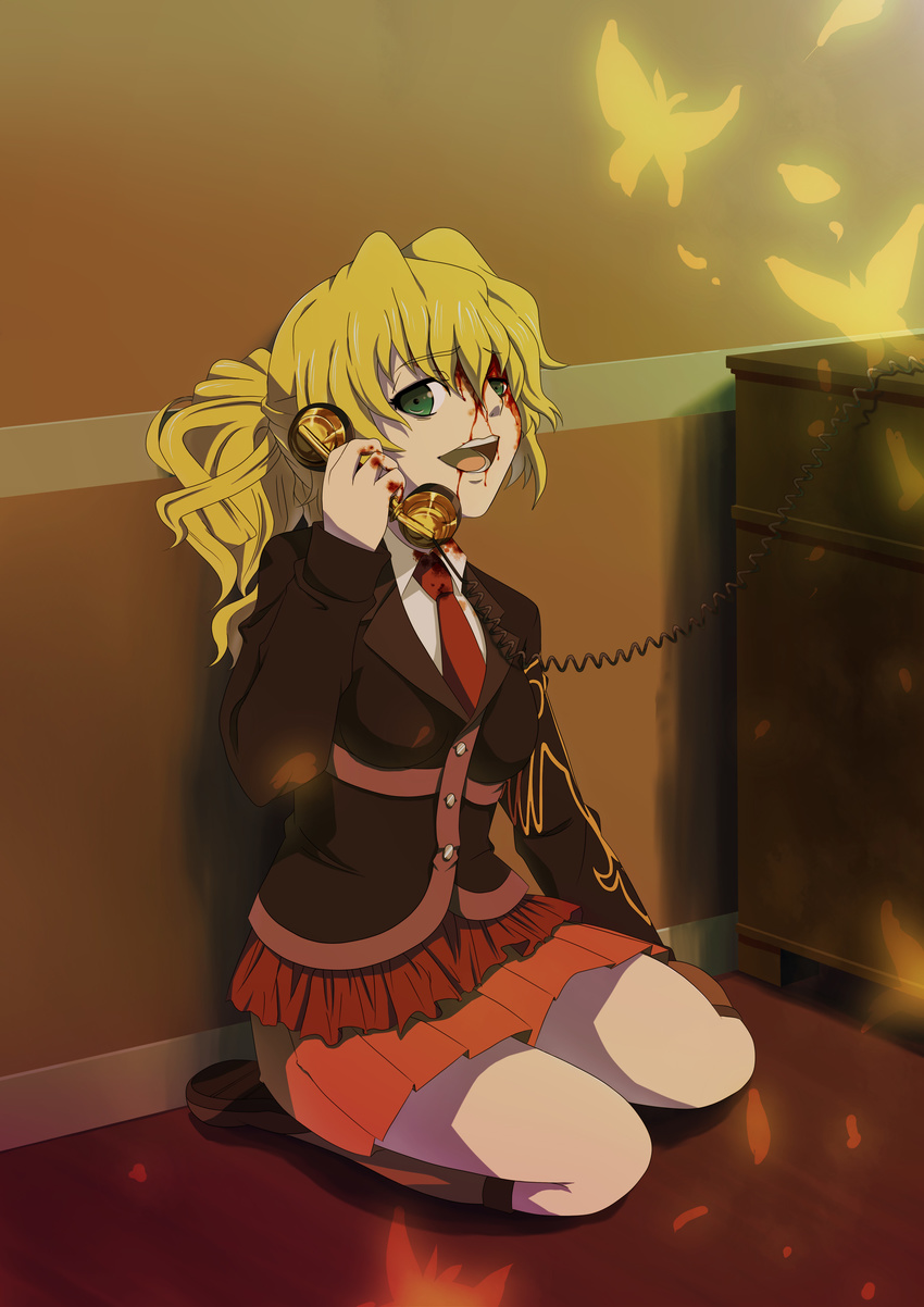 absurdres against_wall bad_end blonde_hair blood blood_on_face blue_eyes bug butterfly corded_phone highres injury insect jacket necktie phone ponytail shoes sitting skirt smile solo spoilers umineko_no_naku_koro_ni ushiromiya_jessica yooguru