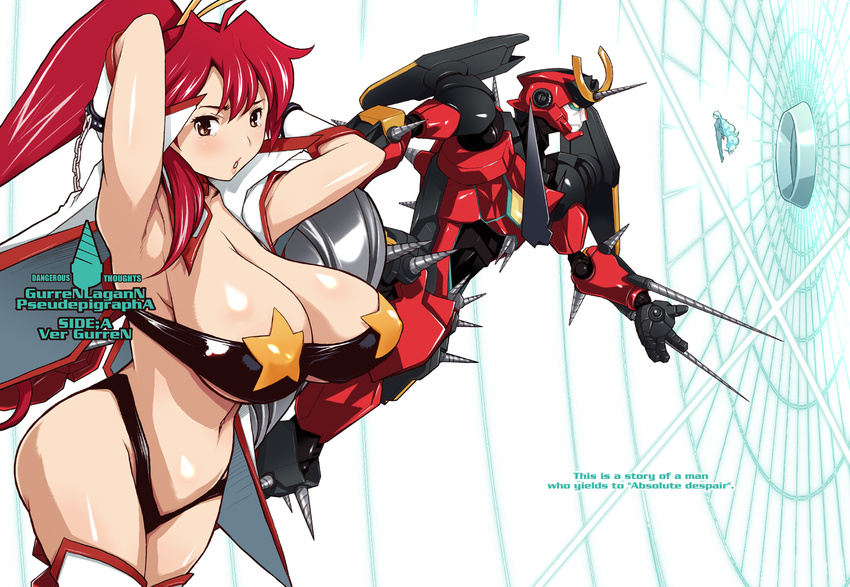 antispiral_nia armpits bandeau breasts cape chain cleavage dark_persona gloves gurren-lagann huge_breasts kiken_shisou large_breasts long_hair mecha multiple_girls nia_teppelin ponytail red_hair space_yoko strapless super_robot tengen_toppa_gurren_lagann tubetop yoko_littner