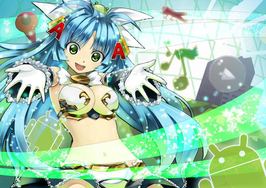 android_(os) armor bad_id bad_pixiv_id bikini_armor blue_hair fourteen gloves green_eyes mecha_musume os-tan solo twintails white_gloves