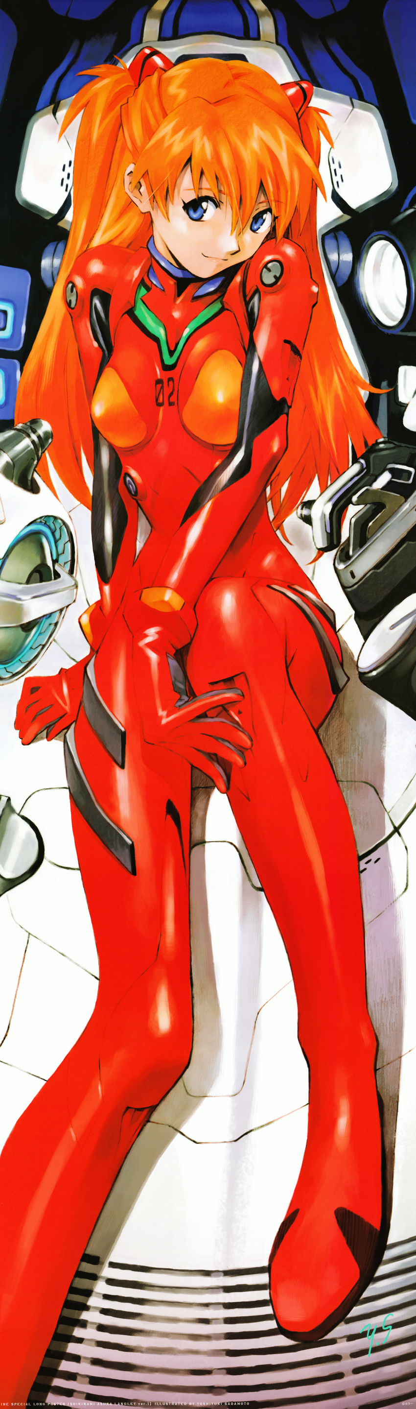 absurdres arm_at_side arm_support artist_name bangs blue_eyes bodysuit bracer breasts character_name closed_mouth cockpit eyebrows_visible_through_hair full_body gloves hair_between_eyes hand_on_own_knee head_tilt headgear highres hips huge_filesize incredibly_absurdres knee_up legs_together light_smile long_hair long_image looking_at_viewer neon_genesis_evangelion number official_art orange_hair pilot_suit plugsuit rebuild_of_evangelion red_bodysuit sadamoto_yoshiyuki scan shikinami_asuka_langley shiny shiny_clothes signature sitting skinny slender_waist small_breasts smile solo souryuu_asuka_langley stick_poster straight_hair tall_image turtleneck two_side_up