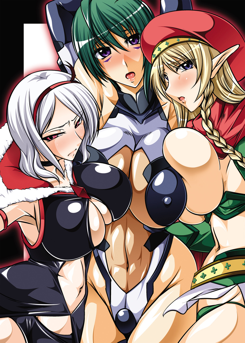 alleyne_(queen's_blade) arms_up asymmetrical_docking belt beret black_choker blonde_hair blue_eyes blush bodysuit braid breast_envy breast_press breasts choker cleavage cleavage_cutout covered_nipples crossover eas elbow_gloves elf embarrassed facial_mark fresh_precure! frown gloves green_hair hat higashi_setsuna highres huge_breasts kannagi_itsuki kanten leotard long_hair magical_girl midriff multiple_crossover multiple_girls navel no_bra open_mouth pointy_ears precure purple_eyes queen's_blade red_eyes scarf short_hair side_braid skin_tight skirt sora_wo_kakeru_shoujo white_hair