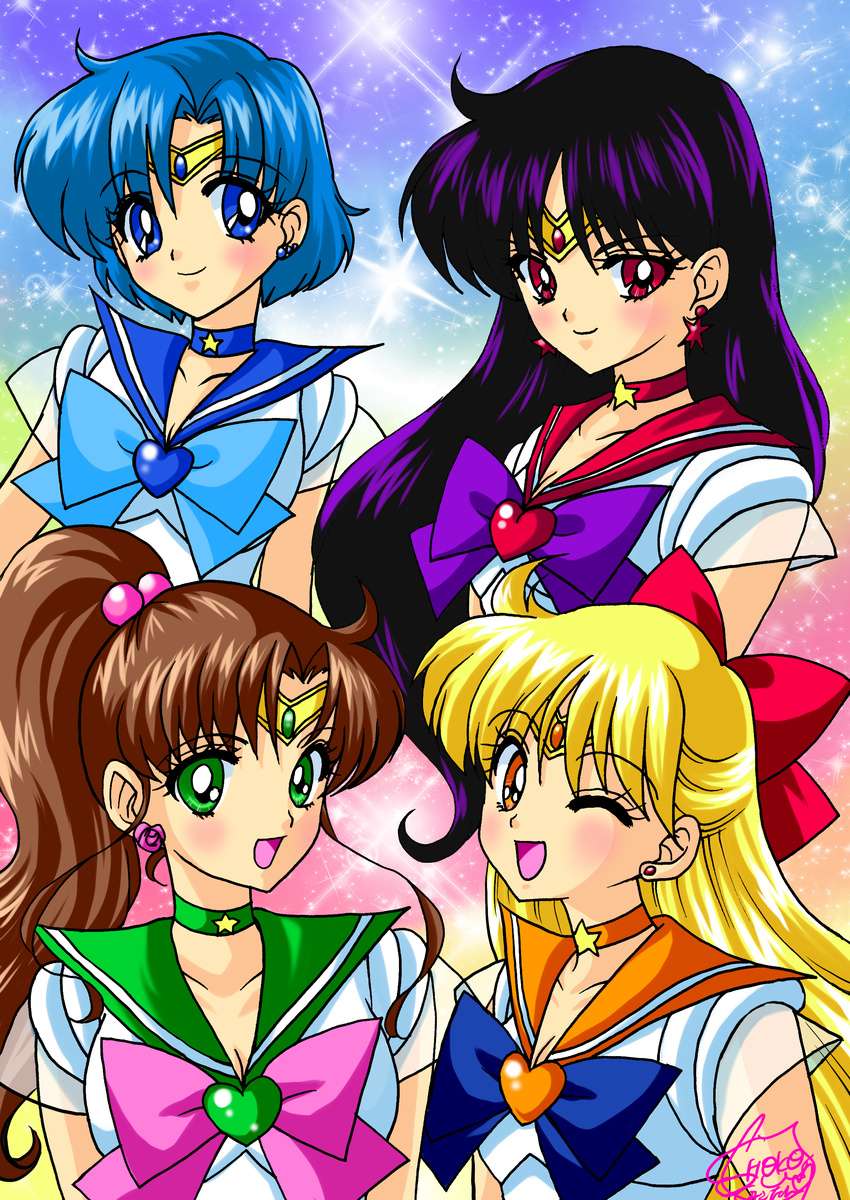 absurdres aino_minako bishoujo_senshi_sailor_moon black_hair blonde_hair blue_choker blue_eyes blue_hair blue_sailor_collar blush bow brown_hair choker earrings green_choker green_eyes green_sailor_collar hair_bobbles hair_bow hair_ornament half_updo highres hino_rei inner_senshi jewelry kino_makoto long_hair magical_girl mizuno_ami multiple_girls one_eye_closed orange_choker orange_eyes orange_sailor_collar pink_bow ponytail red_bow red_eyes red_sailor_collar sailor_collar sailor_jupiter sailor_mars sailor_mercury sailor_senshi sailor_senshi_uniform sailor_venus shoko-tan short_hair smile tiara