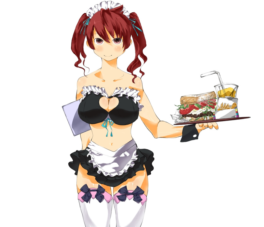 bare_shoulders blush breasts cleavage cleavage_cutout copyright_request food heart heart_cutout large_breasts maid midriff miniskirt pink_eyes red_hair ribbon skirt smile solo sum41 thighhighs twintails white_legwear