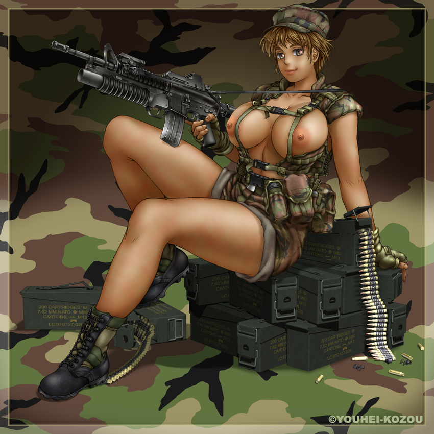 1girl absurdres ammo_box ammunition ammunition_box areolae artist_name boots border breasts breasts_outside bullet bullets camo camouflage camouflage_background curvy fingerless_gloves gloves grenade_launcher gun highres huge_breasts large_areolae large_breasts looking_at_viewer machine_gun military_vest nipples phaia puffy_nipples short_hair solo spunky_knight topless trigger_discipline vest weapon youhei_kozou