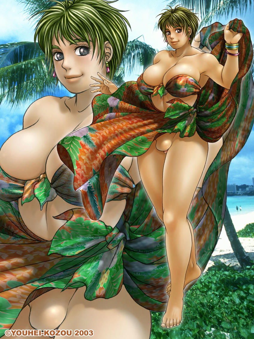 1girl 2003 absurdres artist_name beach bikini bikini_top breasts cloud coconut_tree cowper's_gland earrings front-tie_bikini front-tie_top highres huge_breasts island jewelry large_breasts looking_at_viewer no_panties ocean outdoors palm_tree phaia sarong shaved_pussy short_hair sky smile solo spunky_knight standing swimsuit youhei_kozou